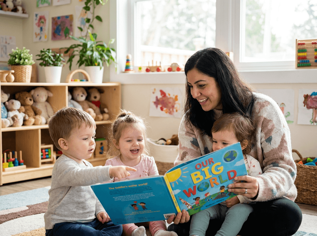 A caring teacher reading a colorful picture book with happy toddlers at Zinnia Nursery