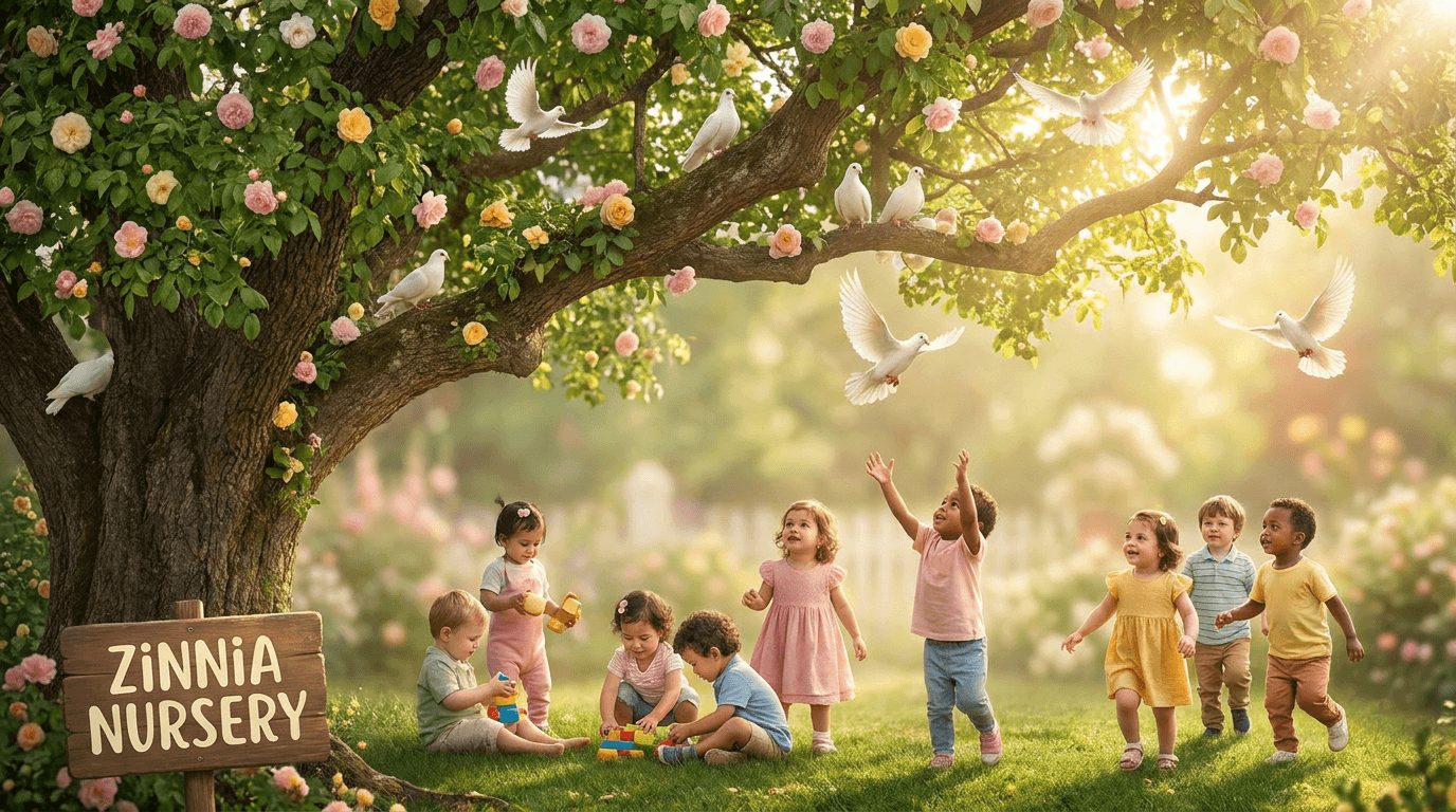Children playing under a colorful tree with white doves at Zinnia Nursery